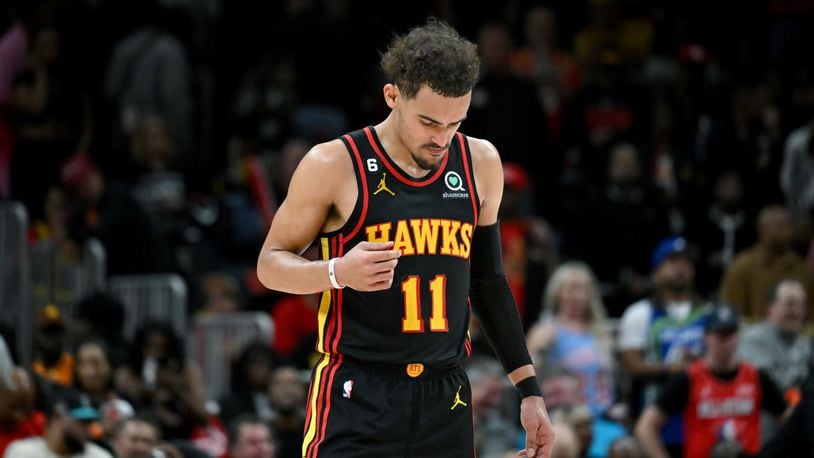 Atlanta Hawks' guard Trae Young (11) reacts at the end of the 4th quarter in Game 6 of the first round of the Eastern Conference playoffs at State Farm Arena, Thursday, April 27, 2023, in Atlanta. Boston Celtics won 128-120 over Atlanta Hawks. (Hyosub Shin / Hyosub.Shin@ajc.com)