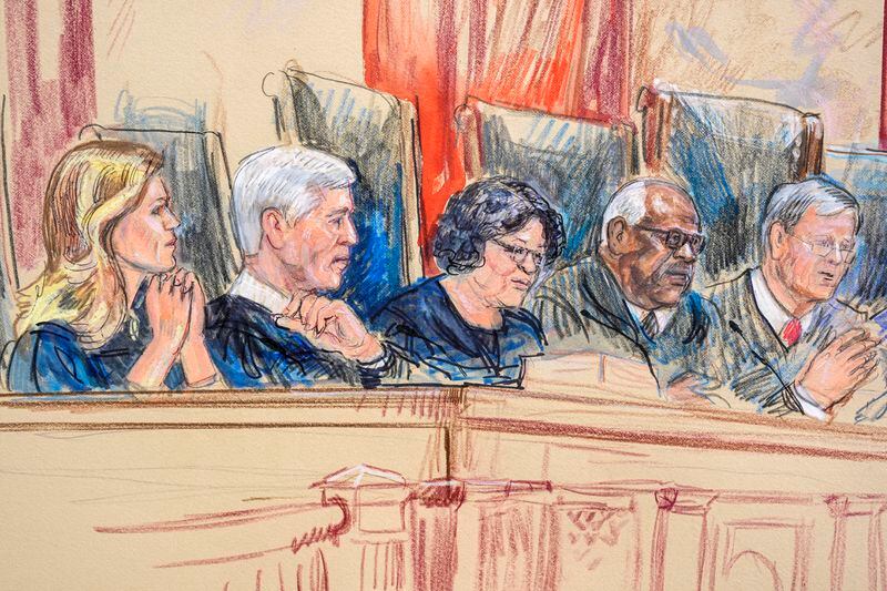 This artist sketch depicts, from left, Associate Justice Amy Coney Barrett, Associate Justice Neil Gorsuch, Associate Justice Sonia Sotomayor, Associate Justice Clarence Thomas, and Chief Justice of the United States John Roberts at the Supreme Court during arguments over whether Donald Trump is immune from prosecution in a case charging him with plotting to overturn the results of the 2020 presidential election, on Capitol Hill in Washington, Thursday, April 25, 2024. (Dana Verkouteren via AP)