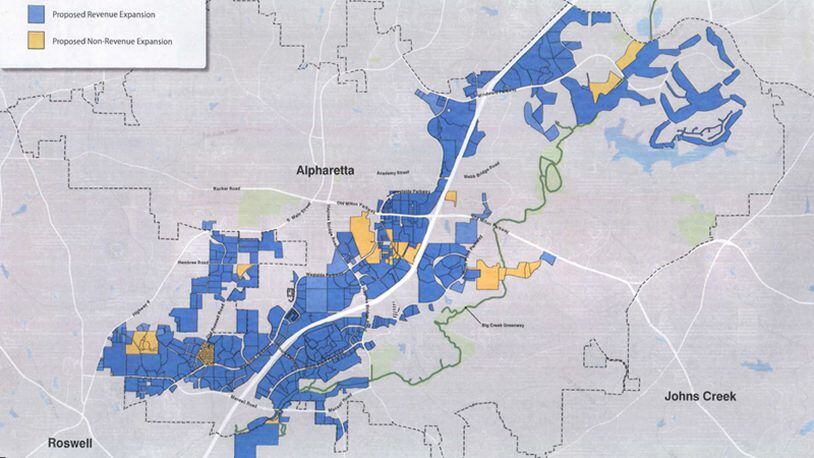 A map shows the North Fulton Community Improvement District in Roswell, Milton and Alpharetta and where it plans to expand. CITY OF ROSWELL