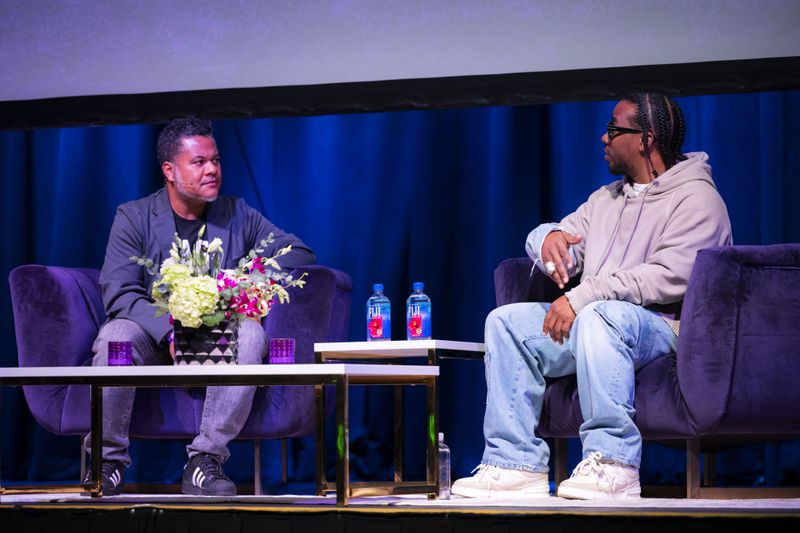 The AJC's Black culture editor Mike Jordan talks with Kawan "KP" Prather at Center Stage in the hours before the premiere of the AJC's first full-length documentary, "The South Got Something to Say."