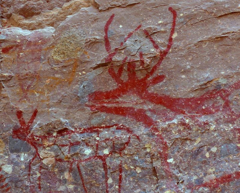 The "Trinidad Deer," known among experts as one of the best-drawn cave-painting deer in Baja California, at La Trinidad Cave. A fawn is at left and below. (Brian J. Cantwell/Seattle Times/TNS)