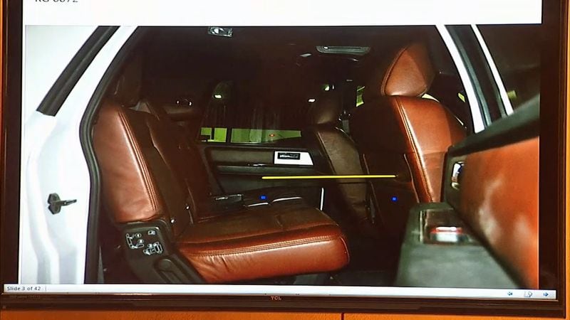 This photo shown to the court demonstrates the angle of the bullet's path from Tex McIver's gun through the back of the seat that Diane McIver sat in. The photo was part of witness Ross Martin Gardner's testimony in Tex McIver's murder trial on April 13, 2018 at the Fulton County Courthouse. (Channel 2 Action News)