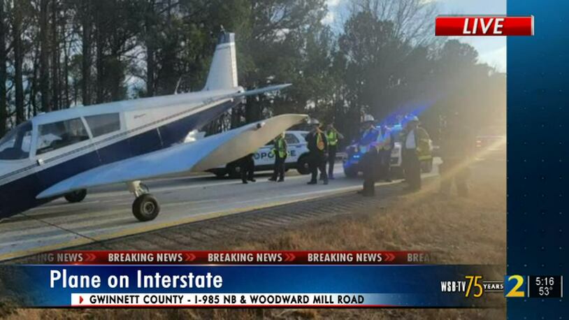 A plane landed on I-985 North just past the split with I-85 in Gwinnett County on Tuesday.