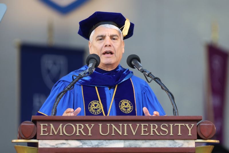 Emory’s president, Gregory L. Fenves gives a speech during Emory University’s 2022 Commencement on Monday, May 9, 2022. Miguel Martinez /miguel.martinezjimenez@ajc.com