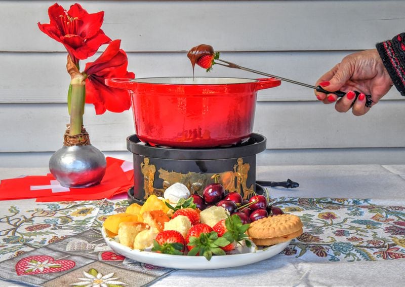 Chocolate Fondue can be served with items such as strawberries, cherries, pineapple, pound cake and marshmallows. (Styling by Lisa Hanson / Chris Hunt for the AJC)