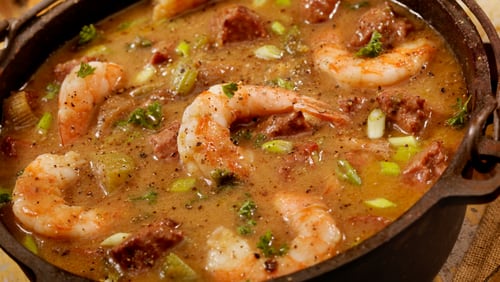 Creole Style Shrimp and Sausage Gumbo with white rice and French bread- Photographed on Hasselblad H3D2-39mb Camera
