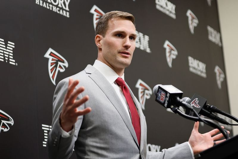 Atlanta Falcons quarterback Kirk Cousins speaks during his introductory press conference at the Falcons practice facility in Flowery Branch on Wednesday, March 13, 2024.
Miguel Martinez/miguel.martinezjimenez@ajc.com