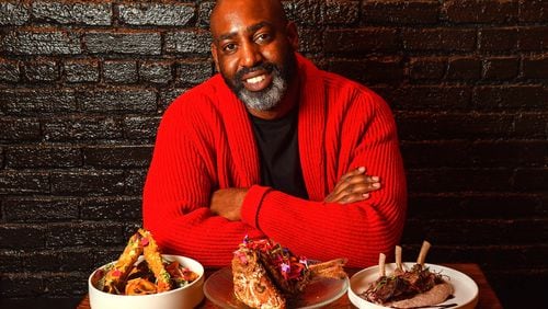 Sim Walker, owner of Apt. 4B in Buckhead, poses with a few of the restaurant's dishes: (from left) Coconut Seafood Curry, Fried Snapper with Pickled Vegetables, and Herb Crusted Lamb with Polenta. Styling by Rachel Levy / Chris Hunt for the AJC