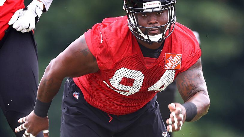 Rookie defensive tackle Deadrin Senat runs a drill the first day of mandatory mini-camp on Tuesday, June 12, 2018, in Flowery Branch.  Curtis Compton/ccompton@ajc.com