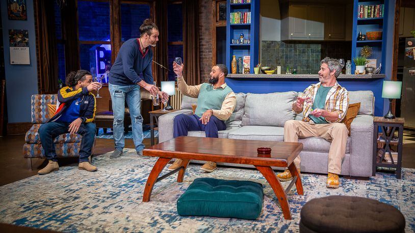 Kevin (Sariel Toribio, from left), Brian (Louis Kyper), Delano (Marcus Hopkins-Turner) and Roger (Evan Bergman) share pink wine and their feelings in Horizon Theatre’s “Support Group for Men.”