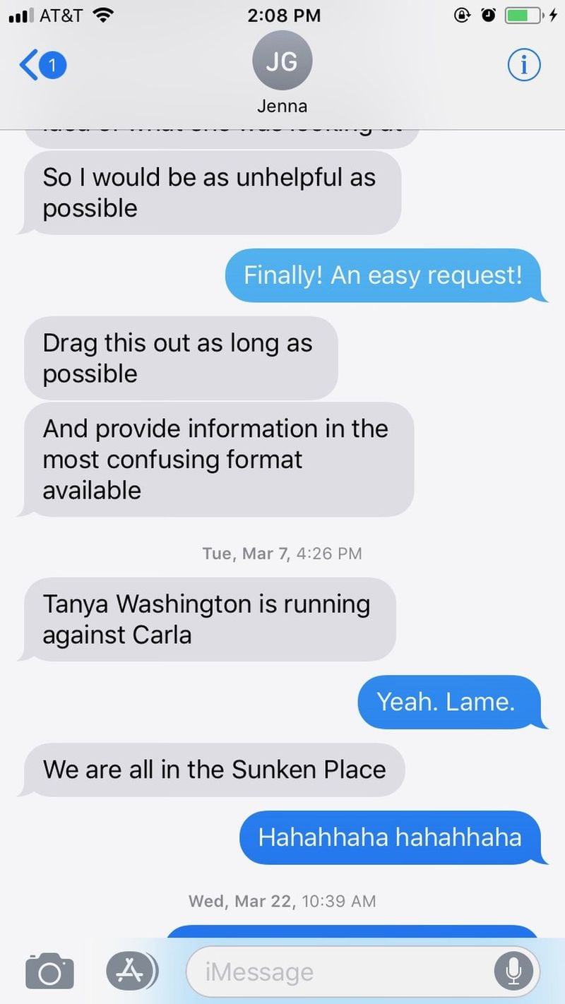 Text messages between Jenna Garland, former press secretary to Atlanta Mayor Kasim Reed, and a city department of watershed management official urged the manager to delay release of public records to Channel 2 Action News.