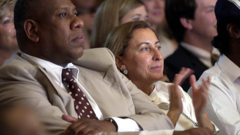 André Leon Talley watches the Savannah College of Art and Design’s student fashion show in Savannah in 2003 while sitting next to Miuccia Prada, who was presented with the Andre Leon Talley Lifetime Achievement Award for her contributions to the fashion world. (AP Photo/Stephen Morton)