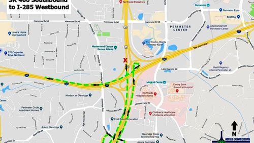 Map depicts the detour for southbound motorists on Ga. 400 who wish to go west on I-285, when the ramp to I-285 is closed for construction, as it will be during the overnight hours Feb. 26 to March 1. GEORGIA DEPARTMENT OF TRANSPORTATION