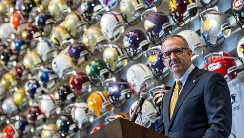 SEC commissioner Greg Sankey officially announces during Tuesday’s news conference at the College Football Hall of Fame that a 10-year deal has been reached to play the SEC Championship game in new Mercedes-Benz Stadium, starting in 2017. JONATHAN PHILLIPS / SPECIAL