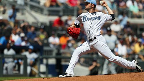 Braves starting pitcher Jaime Garcia (54) delivers a pitch against the Marlins, Saturday, June 17, 2017, in Atlanta. (AP Photo/Todd Kirkland)