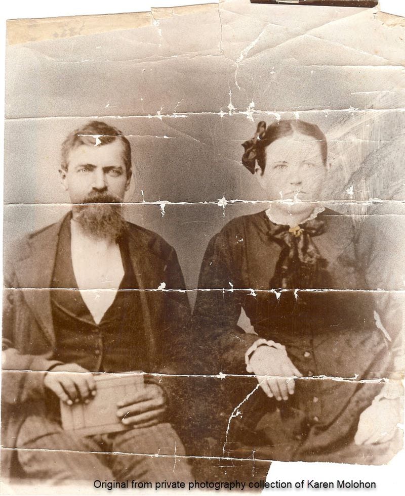 James and Mary Ellen Molohon, from Illinois, in a photo from the late 1800s. The couple died in a wreck involving a runaway train. They are the great-great grandparents of Karen Molohon, a Georgia Genealogy Society member.