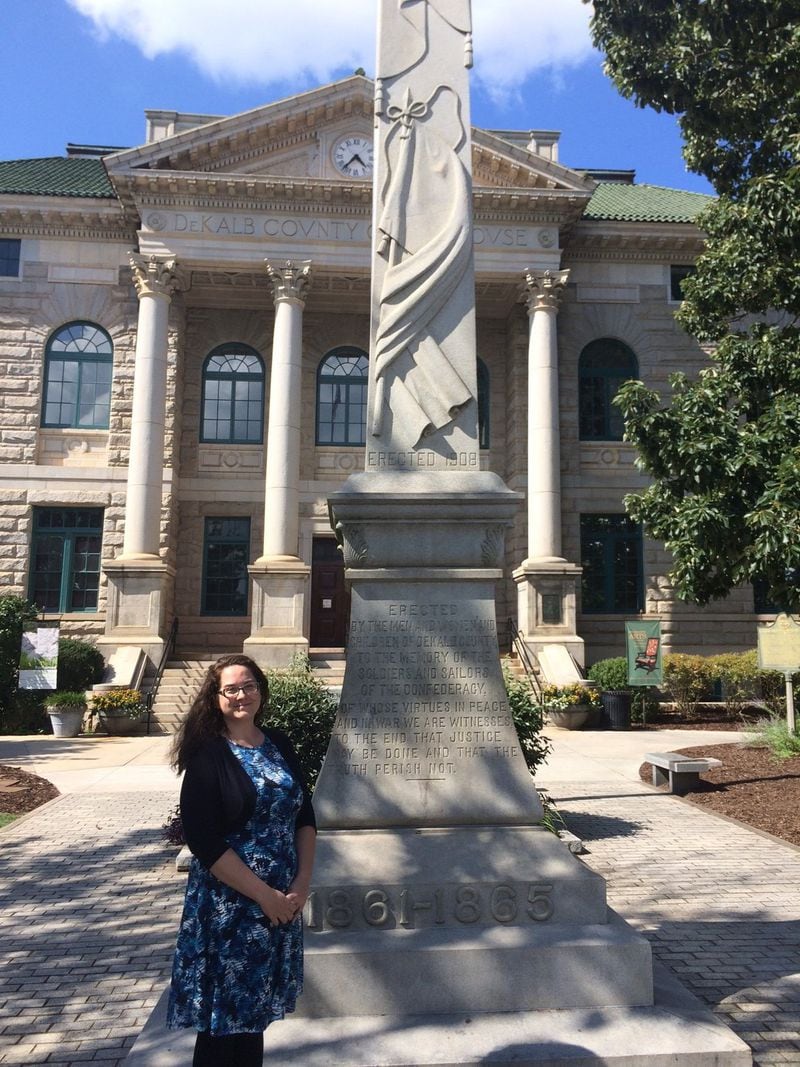 Sara Pattenaude is part of an effort pushing a petition to remove the obelisk honoring Confederates from outside the old DeKalb County courthouse. (Photo by Bill Torpy)