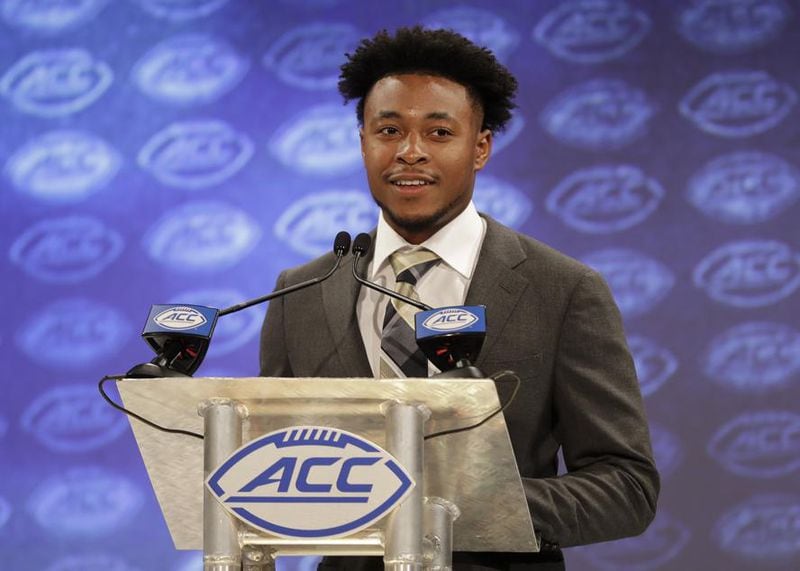 Georgia Tech's TaQuon Marshall answers a question during a news conference at ACC Kickoff in Charlotte, N.C., Wednesday, July 18, 2018. (AP Photo/Chuck Burton)