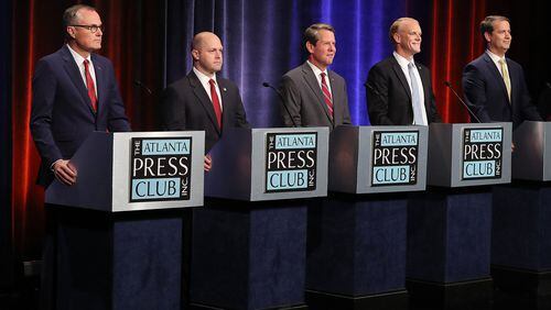 Republican candidates for governor Casey Cagle, from left, Hunter Hill, Brian Kemp, Clay Tippins and Michael Williams participate Thursday in the Atlanta Press Club Republican primary debate at the Georgia Public Broadcasting studios in Atlanta. Curtis Compton/ccompton@ajc.com