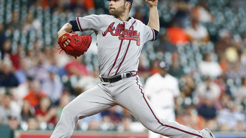 Braves starting pitcher Jaime Garcia pitches in the first inning against the Houston Astros at Minute Maid Park on Wednesday in Houston. (Photo by Bob Levey/Getty Images)