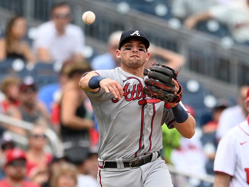 Braves third baseman Austin Riley throws to first to put out Washington Nationals' Adrian Sanchez during the sixth inning Sunday, Aug. 15, 2021, in Washington. (Nick Wass/AP)