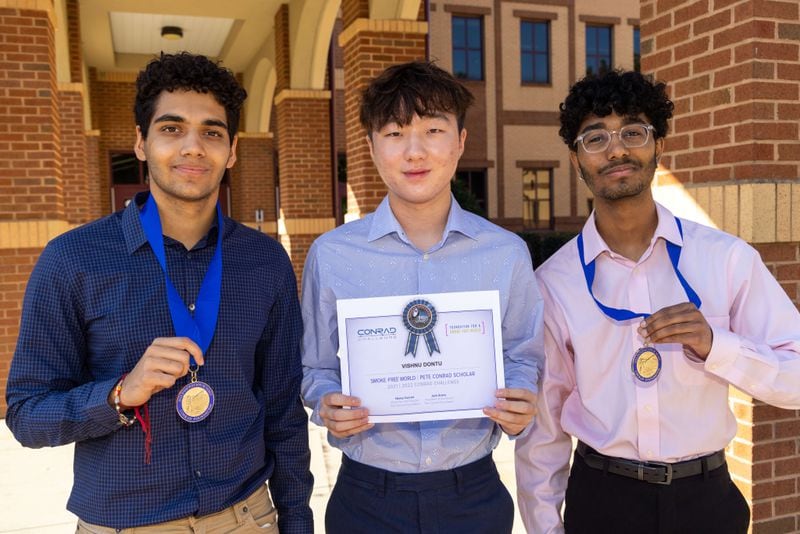(l-r, all CQ) Portrait of The Conrad Challenge Team TobacCine members Sahil Sood, Brian Yoo & Vishnu Dontu at Lambert High School in Suwannee. They won the foundation challenge that honors the legacy of Apollo 12 astronaut Charles ÒPeteÓ Conrad. The Conrad Challenge is dedicated to creating collaborative, student-centered learning opportunities that foster innovation and entrepreneurship. Student teams develop commercially viable products to solve challenges in one of four categories: space, energy, cyber security or health. www.conradchallenge.org PHIL SKINNER FOR THE ATLANTA JOURNAL-CONSTITUTION