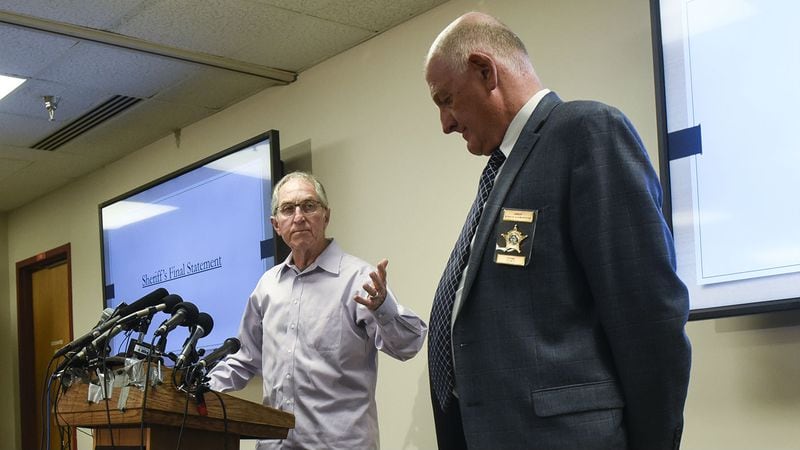 Former FBI agent Al Garber, at podium, disputes statements made by Stearns County (Minnesota) Sheriff Don Gudmundson, at right, during a news conference Thursday, Sept. 20, 2018, on the release of investigative files in the abduction and murder of Jacob Wetterling. Wetterling, 11, of St. Joseph, vanished the evening of Oct. 22, 1989, as he rode home on his bike with his younger brother, Trevor, and his best friend. His disappearance remained unsolved until the fall of 2016, when 53-year-old Danny James Heinrich confessed to killing the missing boy and led police to Jacob’s remains, which were buried on a farm about 30 miles from the site of his abduction.
