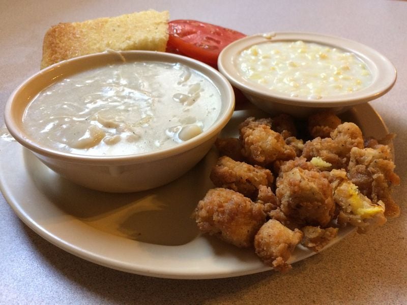 Chicken and dumplings, fried squash, cream-style corn, sliced tomatoes and cornbread at Doug’s Place Restaurant in Emerson. PHOTO CREDIT: Wendell Brock