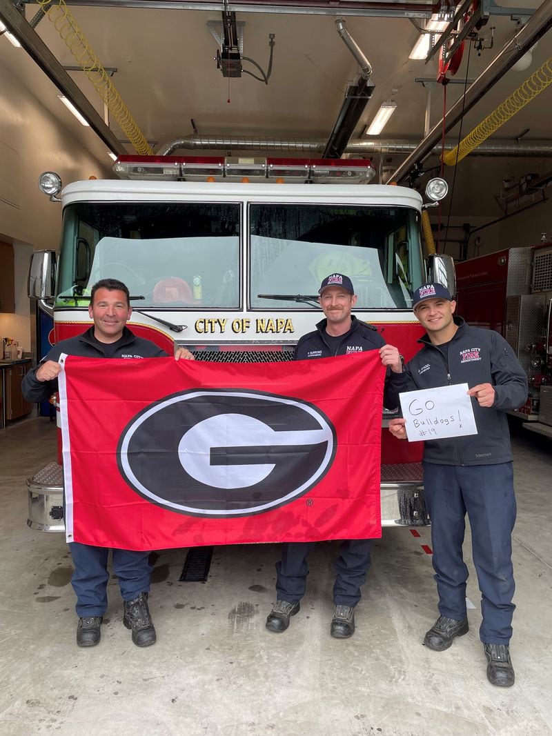 The guys at Firehouse No. 5 in Napa, Calif., show their support for hometown tight end Brock Bowers of the Georgia Bulldogs. (Contributed photo)