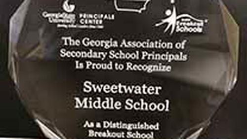 Sweetwater Middle School and Trickum Middle School were each recognized as a “Breakout Middle School” during the recent GASSP Fall Conference in Savannah. Sweetwater was also honored as a school of distinction. COURTESY OF GWINNETT COUNTY PUBLIC SCHOOLS