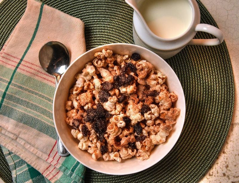 Cinnamon-Sugar Popcorn is great for movie night or breakfast. (Styling by Susan Puckett / Chris Hunt for the AJC)