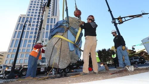 Rockspinner, a boulder found in the Nevada mountains years ago, was installed at the intersection of Peachtree and 10th Street in 2013.