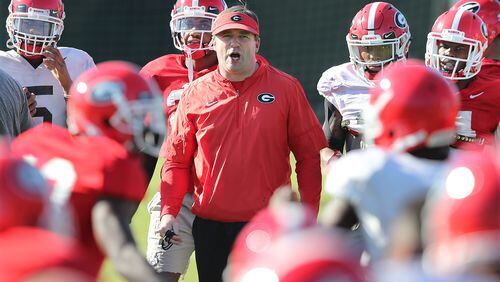 Georgia head coach Kirby Smart runs his team through practice for the Rose Bowl at the StubHub Center on Friday, December 29, 2017, in Carson.    Curtis Compton/ccompton@ajc.com