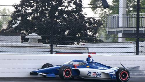 Linus Lundqvist, of Sweden, wrecks during a practice session for the Indianapolis 500 auto race at Indianapolis Motor Speedway, Thursday, May 16, 2024, in Indianapolis. (AP Photo/Jamie Gallagher)