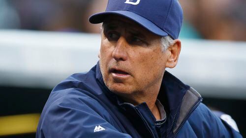 San Diego Padres manager Bud Black (20) looks on against the Colorado Rockies in the first inning of a baseball game Wednesday, April 22, 2015, in Denver. (AP Photo/David Zalubowski)