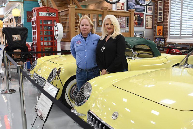 Greg and Dee Wyatt pose between two 1955 Corvettes. The cars were numbers 699 and 700, of 700 produced and the last every of the body style. Greg and Dee Wyatt have opened a Corvette Museum in Summerville, Ga.