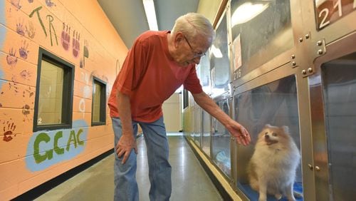 Thomas Roland looks for a dog to adopt at Gwinnett County Animal Welfare and Enforcement in Lawrenceville on Wednesday, May 16, 2018. HYOSUB SHIN / HSHIN@AJC.COM