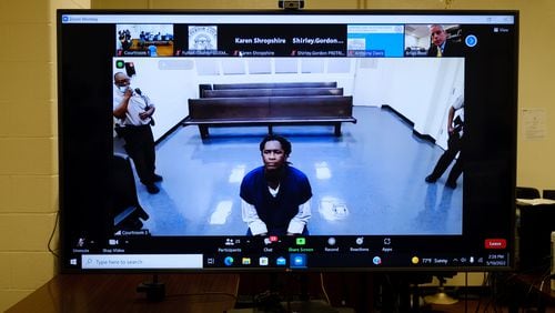 Atlanta rapper Young Thug, whose real name is Jeffery Williams, appears virtually before a Fulton County Magistrate judge on Tuesday, May 10, 2022. (Arvin Temkar / arvin.temkar@ajc.com)