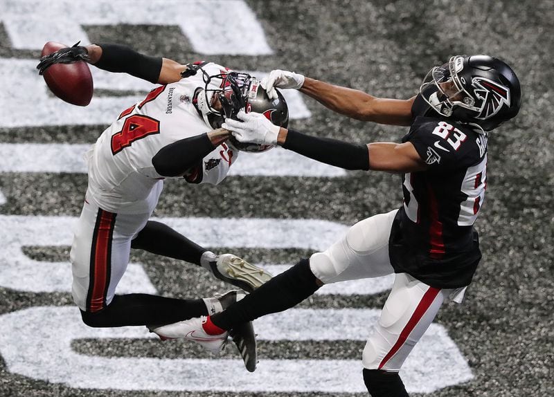 Buccaneers cornerback Carlton Davis breaks up a pass in the end zone to Falcons wide receiver Russell Gage during the second quarter Sunday, Dec. 20, 2020, in Atlanta. (Curtis Compton / Curtis.Compton@ajc.com)