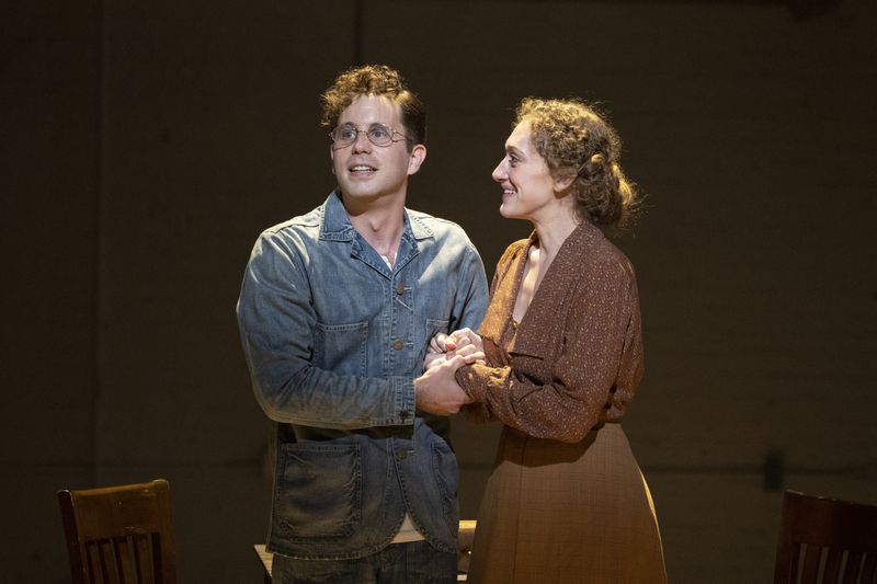 Ben Platt, left, as Leo Frank and Micaela Diamond as Lucille Frank in a revival of the 1998 musical “Parade” at New York City Center, Oct. 31, 2022. The gala production delves further into America’s history of violence and delivers the best-sung musical in many a New York season. (Sara Krulwich/The New York Times)