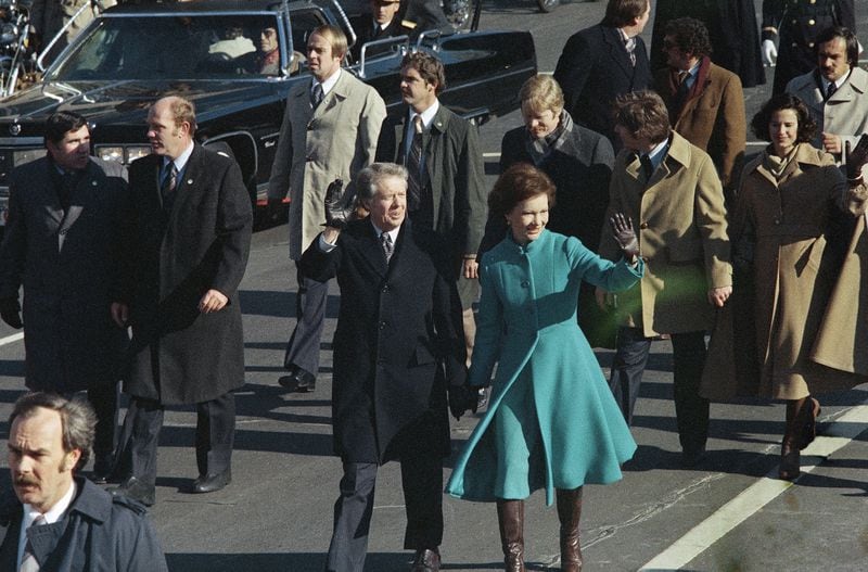 Jimmy and Rosalynn Carter walk down Pennsylvania Avenue after his inauguration in 1977. 