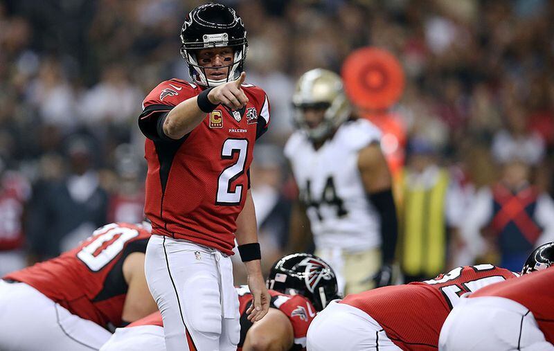 NEW ORLEANS, LA - OCTOBER 15: Matt Ryan #2 of the Atlanta Falcons calls a play at the line during the first quarter of a game against the New Orleans Saints at the Mercedes-Benz Superdome on October 15, 2015 in New Orleans, Louisiana. (Photo by Chris Graythen/Getty Images)