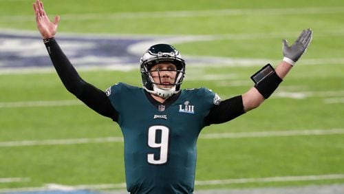 Nick Foles of the Philadelphia Eagles celebrates his 11-yard touchdown pass to Zach Ertz  during the fourth quarter against the Philadelphia Eagles in Super Bowl LII at U.S. Bank Stadium on February 4, 2018 in Minneapolis, Minnesota. (Photo by Streeter Lecka/Getty Images)