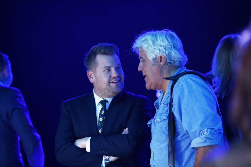  LOS ANGELES, CA - NOVEMBER 14: TV personality/host James Corden (L) and comedian Jay Leno attend the Jaguar I-PACE Concept, the brand's first-ever electric car, reveal at MILK Studios in Los Angeles on November 14, 2016. (Photo by Handout/Jaguar Land Rover via Getty Images)