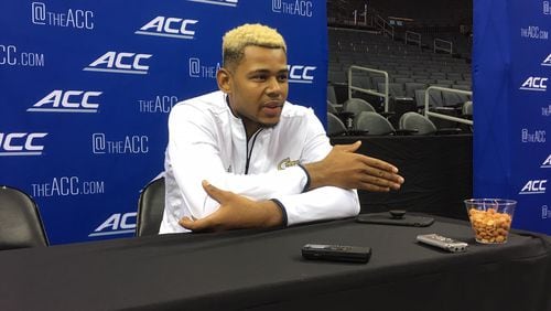 Georgia Tech guard Brandon Alston speaks with a reporter at the ACC's "Operation Basketball" event in Charlotte, N.C., October 24, 2018. (AJC photo by Ken Sugiura)