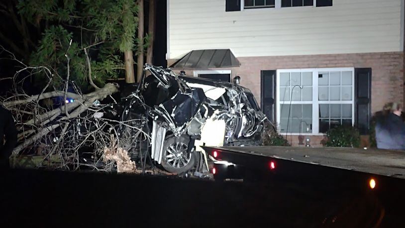 A photo of the 2021 Ford Expedition involved in the Jan. 15 crash in Athens that killed Georgia offensive lineman Devin Willock and football staff member Chandler LeCroy. Police on Wednesday released toxicology results and other details that showed LeCroy, the driver, was drunk and racing through Athens streets before the crash. Police said the car was traveling 104 mph shortly before the crash.