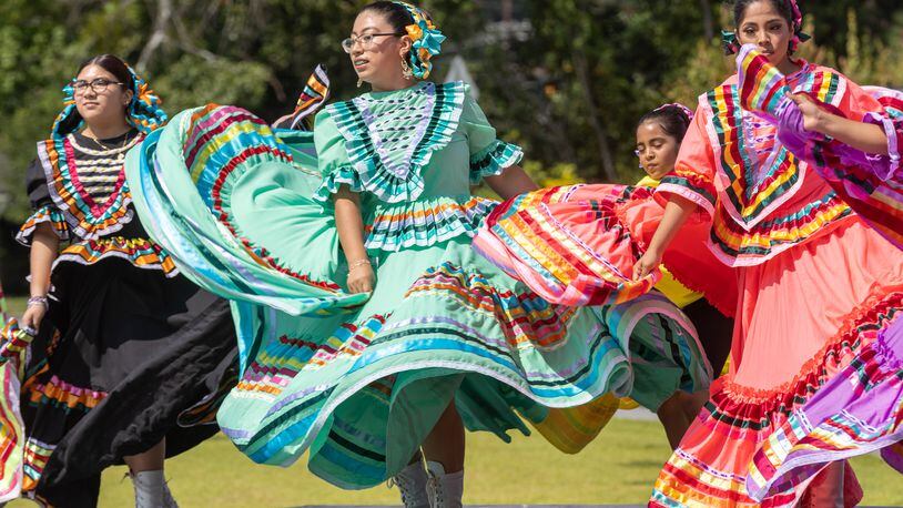 Danza Internacional Quetzaly dancers perform during Norcross‘s first Hispanic Heritage Celebration Saturday, Sep. 17, 2022.    Steve Schaefer/steve.schaefer@ajc.com)