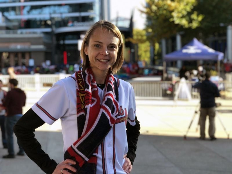 Chloe Davis, 36, Monticello, Georgia, is ready to witness history, which is why she came to Truist Park for the watch party as the Braves play Game 6 of the World Series in Houston. (Taylor Reimann / Fresh Take Georgia)