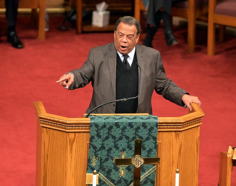 Andrew Young gives the benediction during the funeral for Atlanta builder and civil rights leader Herman J. Russell, at Saint Philip AME Church, Saturday, Nov. 22, 2014. Russell, whose construction business helped shape Atlanta’s skyline, died Nov. 15 at the age of 83. KENT D. JOHNSON/KDJOHNSON@AJC.COM