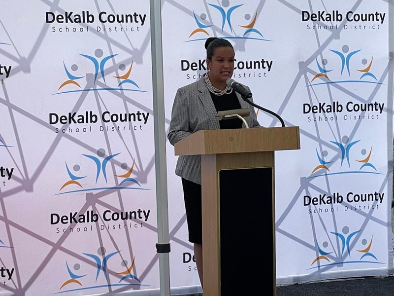 Superintendent Cheryl Watson-Harris of the DeKalb County School District speaks at a news conference about the COVID-19 cases at an elementary school on Sept. 2, 2021. (LEON STAFFORD / AJC)